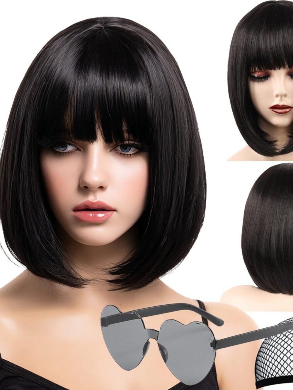 VCAY Black Bob Wig with Bangs, 12 Inch Straight Short Bob Wig, Natural Looking
